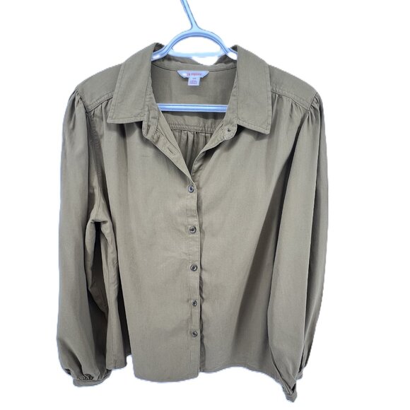 Joe Fresh Size L Cotton Blend khaki Button-Up Shirt Coastal Grandmother, Normcor - Picture 2 of 9